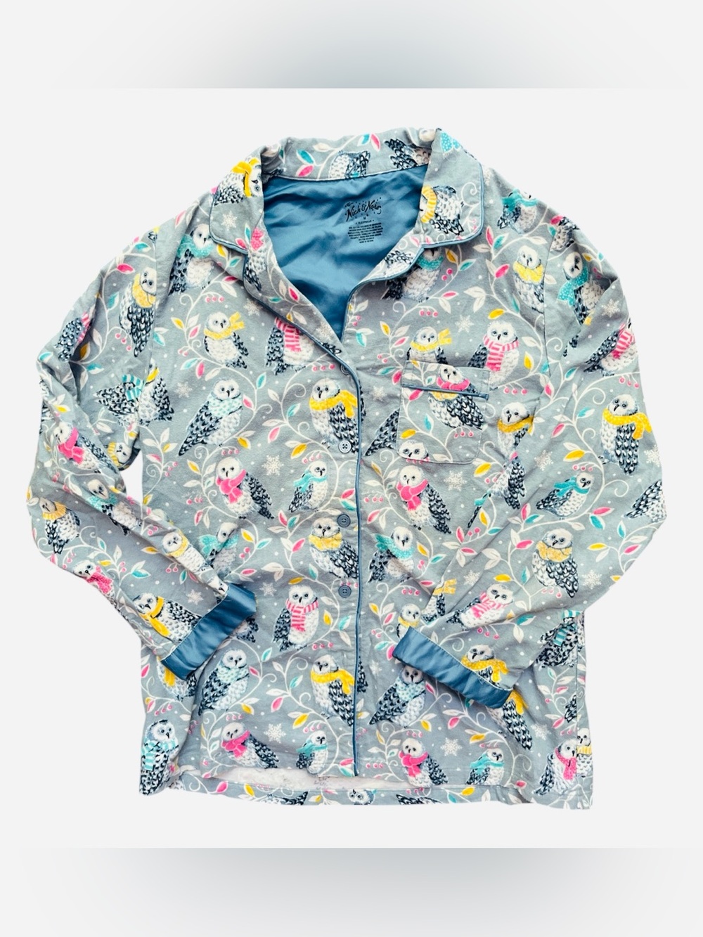Nick & Nora Owl Print Flannel Pajama Set Size Medium Whimsical Cozycore